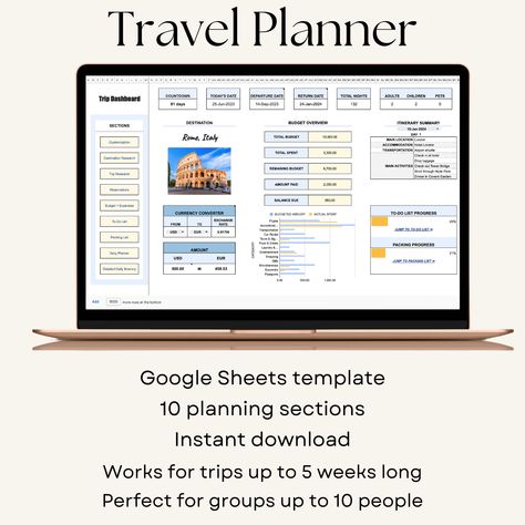 Plan your dream vacation with our Digital Travel Planner for Google Sheets Easy to use and great way to plan a trip - Taylor ⭐⭐⭐⭐⭐ This is the best travel template ever! Stephanie has thought of everything possible! - Deanna⭐⭐⭐⭐⭐ Quick facts → Google Sheets template→ Instant download→ 10 planning sections plus an instructional section→ Includes live currency converter on the dashboard→ Accommodates up to 10 travelers→ Accommodates trips up to 5 weeks long→ Infinite uses - make new copy for each trip Do you love to travel, but sometimes get overwhelmed planning the details? Our Digital Travel Planner is your passport to seamless travel planning. Plan your next group or family trip with the confidence this planner will provide. Collaborate in real-time with your fellow travelers by shari Travel Planner Google Sheet, Travel Template, Currency Converter, Fellow Travelers, Holiday Planner, Itinerary Template, Plan A Trip, Travel Itinerary Template, Vacation Planning