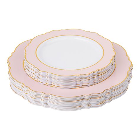 Scallop Disposable Plastic Plates 40 pcs Combo Pack - Pink & Gold-Trimmed Wedding Table Cloths, Baby Shower Plates, Gold Plastic Plates, Blush Bridal Showers, Modern Plates, Disposable Plastic Plates, Pink Plates, Birthday Plate, Flower Panels