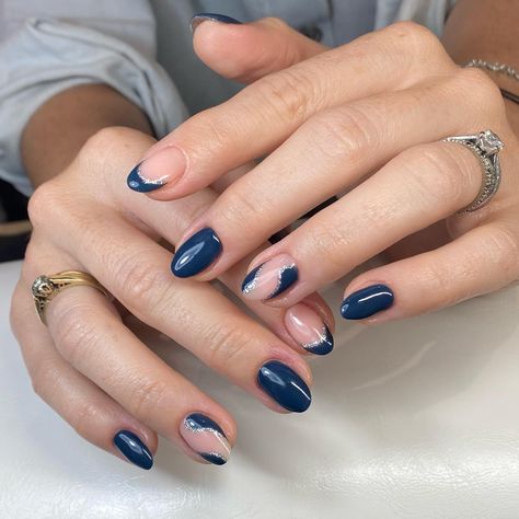 Royal Blue And Silver Nails, Navy And Silver Nails, Navy Blue Nail Designs, Blue Stiletto Nails, Blue Prom Nails, Blue And Silver Nails, Hoco Nails, Silver Nail Designs, Blue Gel Nails