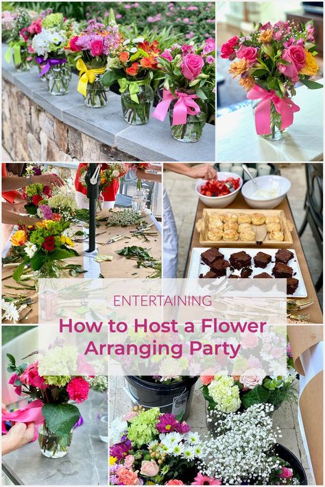 Flower Arrangement Birthday Party, Flower Exchange Party, Bouquet Party Ideas, Simple Spring Flower Arrangements, Make Your Own Flower Bouquet Party, Hosting A Flower Arranging Party, Flower Party Invitations, Flower Arrangement Party Ideas, Build Your Own Bouquet Party