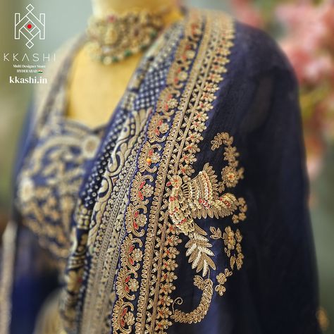 Discover the elegance of royal blue at KKASHI. 💙 Our pure Banarasi silk lehenga, adorned with gold Zardozi work and intricate bird motifs, is paired with a cape concept dupatta and blouse. Also featured is our royal blue organza saree, styled with a jacket top to add a dressy flair. The saree is embellished with antique silver Zardozi work and delicate pearl embroidery. To shop these exquisite pieces, WhatsApp or call us at +91-6304505317, visit our store at Banjara Hills, Road #10, or exp... Blue Organza Saree, Embroidery Fashion Detail, Zardozi Work, Blue Organza, Zardozi Embroidery, Pearl Embroidery, Bird Motif, Silk Lehenga, Organza Saree