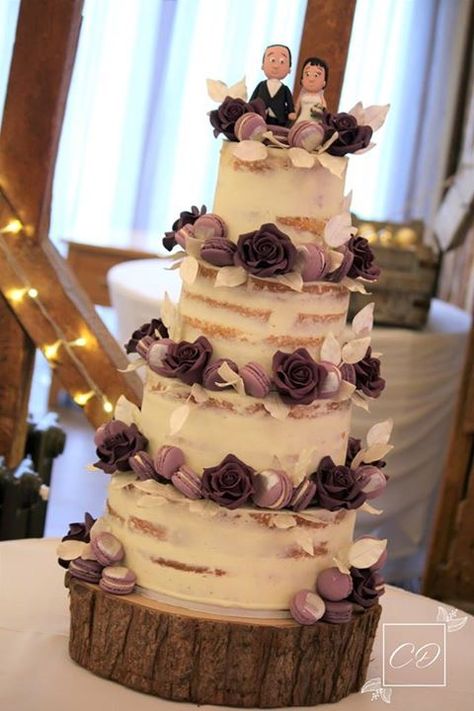 Plum purple semi naked wedding cake with macarons and sugar roses. www.cookiedelicious.co.uk Fall Wedding Cakes Plum Dark Purple, Plum Wedding Cake Ideas, Dark Purple Wedding Cake, Wedding Cake With Macarons, Easy Wedding Cakes, Plum Wedding Colors, Awesome Cocktails, Cake With Macarons, Brown Wedding Cakes