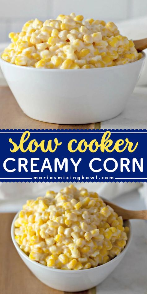 Don't miss out on this Slow Cooker Creamy Corn! Not only is this crockpot corn recipe a delicious and easy summer BBQ side dish, but is also perfect for a crowd. Variations on this 4th of July food included! Creamy Corn Crockpot, Cream Corn Crockpot, Canned Corn Recipes, Crockpot Thanksgiving, Thanksgiving Recipes Side Dishes Easy, Easy Thanksgiving Sides, Slow Cooker Creamed Corn, Corn Recipes Side Dishes, Corn Side Dish