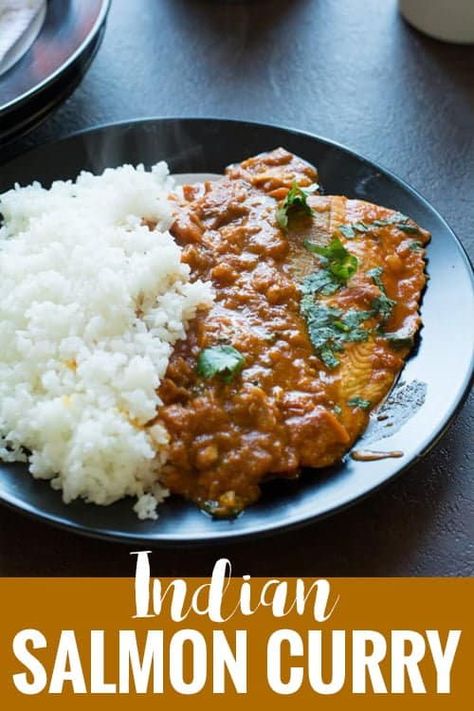 Easy Indian salmon curry recipe made spicy with chili powder, tomatoes, and onion. This is an easy weeknight meal that it can be made in under 30 minutes. Indian Salmon, Salmon Curry, Curry Indian, Prawn Recipes, Spicy Salmon, Fish Curry, Chutney Recipes, Curry Recipe, Indian Cooking