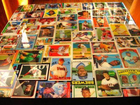 cool idea....Lack Table from Ikea  (could use baseball cards, pictures, all kinds of ideas!) Baseball Cards Storage, Baseball Card Displays, Baseball Man Cave, Baseball Bedroom, Lack Table, Old Baseball Cards, Baseball Crafts, Baseball Room, Apartment Patio