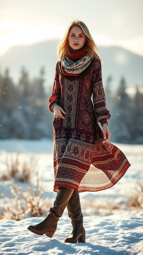 Upgrade your winter wardrobe with our 20 chic boho outfit ideas! Discover the perfect bohemian print midi dress paired with knee-high boots for a stunning look. Embrace cozy layers and earthy tones that inspire free-spirited style. Whether you're planning a casual outing or a festive gathering, these outfits will keep you warm and stylish all season long. Don't miss out on the ultimate boho inspiration—explore now! Boho Winter Outfit, Boho Outfit Ideas, Winter Outfit Ideas For Women, Boho Winter Outfits, Boho Winter, Boho Outfit, Boho Inspiration, Winter Outfit Ideas, Outfit Ideas For Women