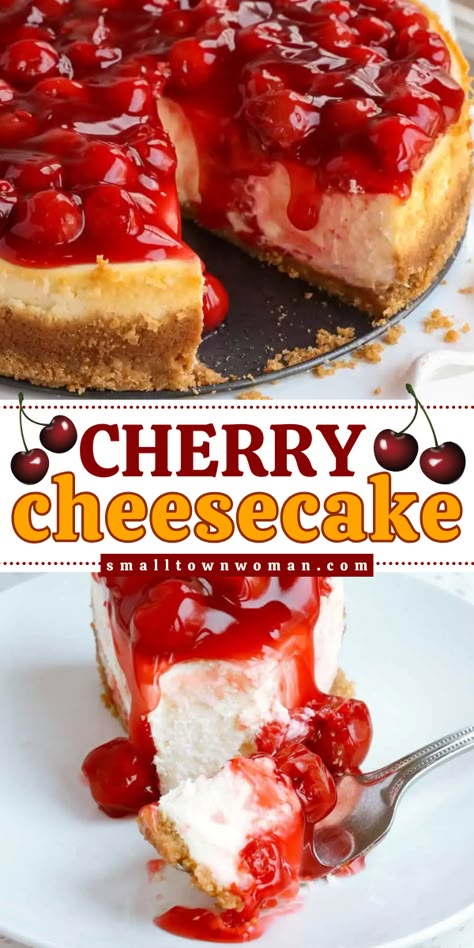 Sink your teeth into this easy cherry cheesecake! It will become one of your favorite treats to make at home. With a touch of lemon and a sweet cherry topping, this New York style cheesecake is one of the best dessert recipes! Easy No Bake Cherry Cheesecake, Easy Cherry Cheesecake, Cherry Cheesecake Recipe, Sweet Cherry Pie, No Bake Cherry Cheesecake, Small Town Woman, Cherry Topping, Cherry Filling, Homemade Cheesecake