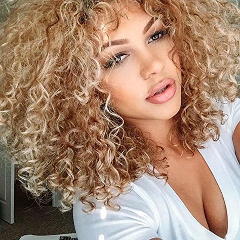 Side Part With Bangs, 3c Curly Hair, Black To Blonde Hair, Ombre Curly Hair, Blonde Natural Hair, Medium Length Blonde, Bangs Hairstyle, Wig Curly, Curly Hair Photos