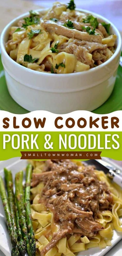 Need some warm comfort food? Your family will love this Slow Cooker Pork and Noodles! Made with crock pot pork tenderloin and Amish egg noodles in a savory gravy, this simple dinner recipe is so good! Pork And Noodles, Super Easy Slow Cooker Recipes, Pork Stew Meat, Easy Recipes For Dinner, Beef Recipes For Dinner Easy, Dinner Recipes With Ground Beef, Slow Cooker Pork Tenderloin, Recipes For Dinner Easy, Recipe For Dinner