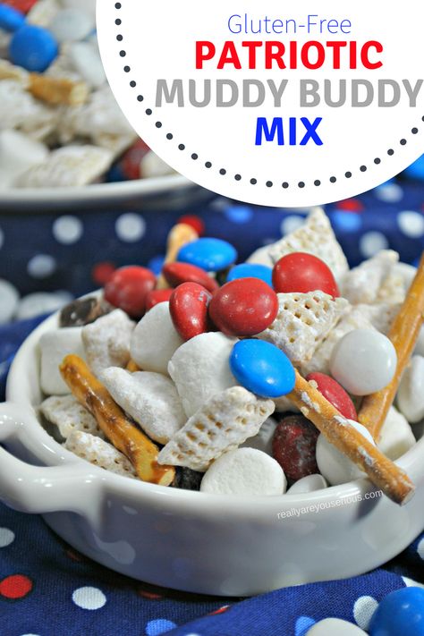 Patriotic Gluten-Free Muddy Buddy Chex Mix • Really, Are You Serious? | Atlanta Mom Blogger | Southern Mom Blog | Parenting and Lifestyle Muddy Buddy Recipe, Chex Mix Ingredients, Chex Mix Puppy Chow, Muddy Buddies Recipe, Muddy Buddy, Gluten Free Pretzels, Patriotic Desserts, Recipe Gluten Free, Muddy Buddies