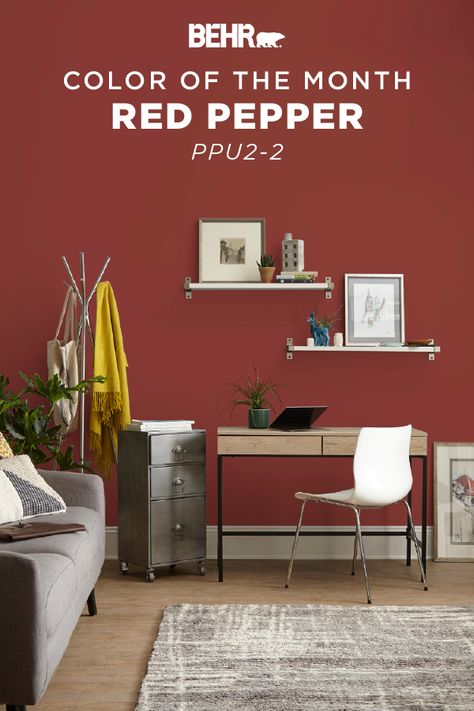 Looking for a new wall color for your home office? The Behr paint Color of the Month, Red Pepper, is the perfect choice. This deep shade of red adds a subtle pop of color to the walls, and complements the neutral gray tones in this interior space. Click below for full color details. Red Behr Paint Colors, Behr Red Paint Colors, Behr Red Pepper, Red Wall Color, Peppercorn Paint Color, Peppercorn Paint, Vermont House, Design Color Trends, Burgundy Paint