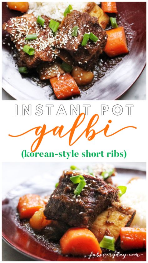 New Instant Pot® Galbi (Korean-Style Short Ribs) recipe I developed for Allrecipes! Click or visit FabEveryday.com for details on this fall-off-the-bone rib recipe using the Instant Pot®! Pin this one to your Instant Pot®, multi-cooker, pressure cooker, and main dish recipe boards! #newrecipe #recipes #cook2follow #allrecipesallstars #allrecipestastemakers #instantpot #instapot #instantpotrecipe #pressurecooker #multicooker #beef #ribs #shortribs #galbi #koreancuisine #foodblog #foody #fabfood Korean Beef Ribs Instant Pot, Korean Short Ribs Recipe Instant Pot, Korean Beef Stew Short Ribs, Korean Kalbi Short Ribs, Korean Beef Short Ribs, Short Rib Stew, La Galbi (korean Bbq Short Ribs), Beef Short Rib Recipes, Korean Beef