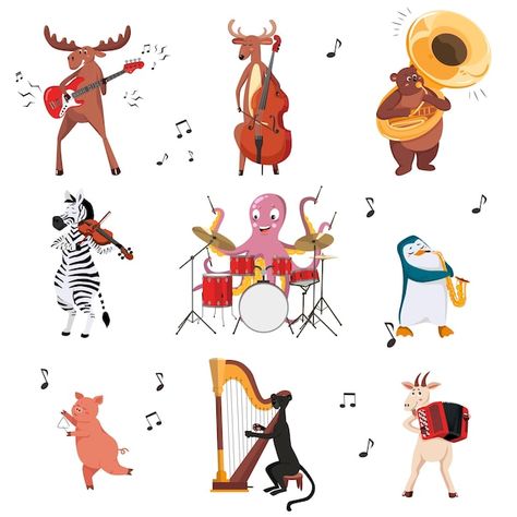 Free Vector | Free vector cute animals playing musical instruments flat illustration set. cartoon crocodile with guitar, giraffe with sax and lion with drum isolated vector illustration collection. music and mascots for kids c Bremen Musicians, Cartoon Crocodile, Cute Animal Cartoon, Music Doodle, Animals Playing, Playing Musical Instruments, Smiling Animals, Brass Instruments, Kids C