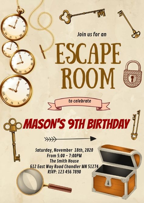 Escape Room Invitation, Escape Room Birthday Party, Social Media Posting Schedule, Happy Birthday Template, Promotional Flyers, Birthday Party Invitation Templates, 10th Birthday Parties, Social Media Schedule, Birthday Template