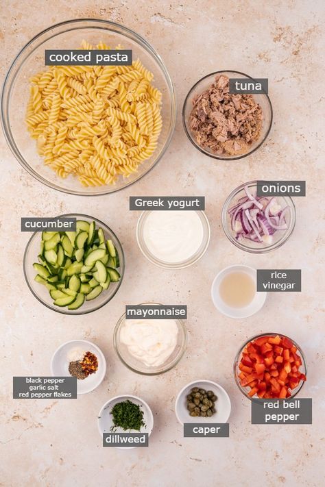 Easy Different Pasta Recipes, Cold Pasta Tuna Salad Recipes, Tuna Salad Pasta Recipe, Pasta Salad Tuna Cold, Salad Pasta Recipes Cold, Tuna Noodle Pasta Salad, Pasta And Tuna Salad, Healthy Pasta Dinner Ideas, Cold Pasta Salad Recipes Healthy Lunches