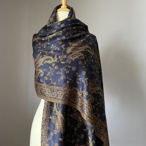 "Darkest Navy almost Black Pashmina Scarf with Vintage Brocade Paisley, Two style options - Pashmina shawl or Infinity Scarf Pashmina is a fashionable complement to any outfit. It is famous for its legendary comfort, warmth, and elegance. This beautiful scarf will fit your lifestyle, make you feel wonderful, and look sensational! Pashminas also make the perfect gift for all seasons and reasons. They're just as delightful to give as they are to receive. Pashmina scarf is made with a paisley desig Black Pashmina, Teal Scarf, Paisley Scarf, Orange Scarf, Paisley Scarves, Hijab Fashion Inspiration, Black Scarf, Pashmina Shawl, Acrylic Fabric