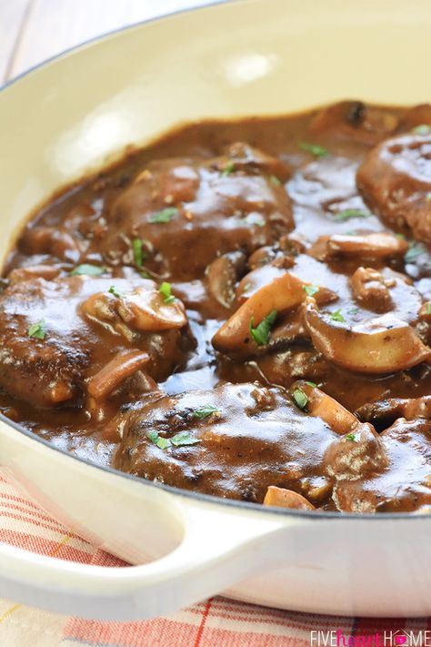 Easy Beef Patties with Mushroom Gravy ~ these mini Salisbury steaks in a rich, savory, gravy loaded with fresh mushrooms are a classic, comforting, ground beef dinner recipe! | FiveHeartHome.com Gluten Free Cube Steak, Saulsberry Steak, Cube Steak With Gravy, Steak With Gravy, Ground Beef Patties, Salisbury Steaks, Beef Patties Recipes, Comfort Recipes, Cube Steak Recipes