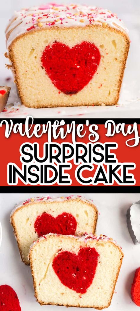 Valentine's Day SURPRISE INSIDE Heart Cake! So easy using a boxed cake mix. You can cut out any shape to hide in the cake! Such a fun peekaboo surprise when you slice into it! Surprise Inside Cake, Exciting Recipes, Valentines Recipes Desserts, Inside Cake, Boxed Cake, Low Carb Cheesecake, Valentine Desserts, Dessert Party, Food Stamps