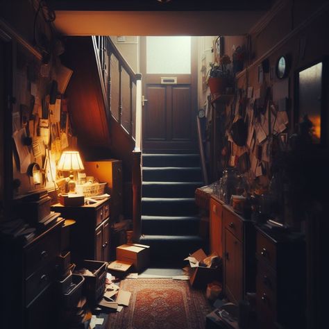 A split-level entryway, narrow and cluttered home decor inspiration give a sense of mystery in the stillness 🌑🕯️🔮 Image made with AI #digitalart #aiart #cluttercore #homeinterior #interiordesign Cluttered House Aesthetic, Cluttered Apartment, Clutter Aesthetic, Cluttercore Aesthetic, Cluttered Home, Split Level Entryway, Entryway Narrow, Drowsy Chaperone, Split Level