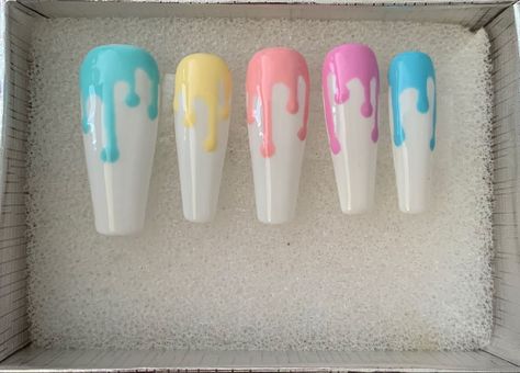 Pastel Drip Nails, Nails Drip Design, White And Pastel Nails, Long Pastel Nails, Neon Pastel Nails, Drip Nail Design, Teen Nail Ideas, Simple Pastel Nails, Cute Pastel Nails