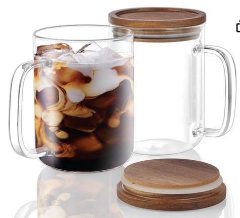 DRASTAR Glass Coffee Mugs, 20 oz Clear Coffee Cups with Acacia Wood Lid, Large Coffee Mug Set of 2, Tea Glass Cups with Handles, Glass Coffee Cups for Latte, Espresso, Tea Clear Coffee Cups, Mugs With Lids, Clear Glass Coffee Mugs, Clear Coffee Mugs, Coffee Warmer, Glass Coffee Mug, Modern Style Design, Glass Tea Cups, Mug Warmer