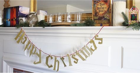 Harry Potter Christmas Banner | POPSUGAR Smart Living Happy Christmas Banner, Harry Potter Christmas Party, Harry Potter Themed Christmas, Christmas Harry Potter, Weasley Sweater, Harry Potter Christmas Decorations, Harry Potter Ornaments, Harry Potter Christmas Tree, Hogwarts Christmas