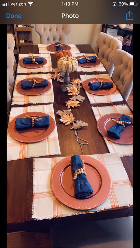 Navy And Orange Fall Decor Kitchen, Navy Fall Decor, Burnt Orange Kitchen, Orange Dining Room, Fall Decor Kitchen, Burnt Orange Decor, Orange Fall Decor, Thanksgiving Table Settings Simple, Blue Graduation Party