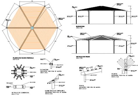 Gazebo construction working drawing in dwg file. Detail drawing of gazebo, construction detail drawing , plan , section and blowup joinery details, with dimensions and etc details. Construction Detail Drawing, Furniture Details Drawing, Steel Gazebo, Gazebo Plans, Detail Drawing, Landscape Architecture Drawing, Architecture Elevation, Bamboo Construction, Entrance Gates Design