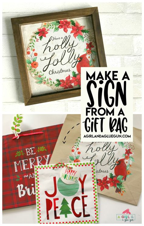 Christmas sign Hack using gift bags - A girl and a glue gun #christmas Dollar Tree Gift Bag Crafts, Cute Gift Bags, Girls Crafts, Mops Crafts, Chirstmas Decor, Christmas Crafty, Crafty Christmas, Cheap Christmas Gifts, Christmas Frame