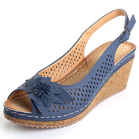 Applique Cat, Summer Shoes Wedges, Slip On Wedge Sandals, Peep Toe Wedge Sandals, Womens Sandals Wedges, Peep Toe Sandals, Platform Wedge Sandals, Blue Sandals, Platform Wedge