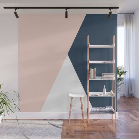 Elegant Blush Pink & Navy Blue Geometric Triangles Wall Mural Wallpaper by Naughtycat - 8' X 8' Geometric Wall Paint, Feature Wall Bedroom, Triangle Wall, Bedroom Wall Designs, Bedroom Wall Paint, Boho Living, Geometric Wall, Wall Patterns, Colorful Boho