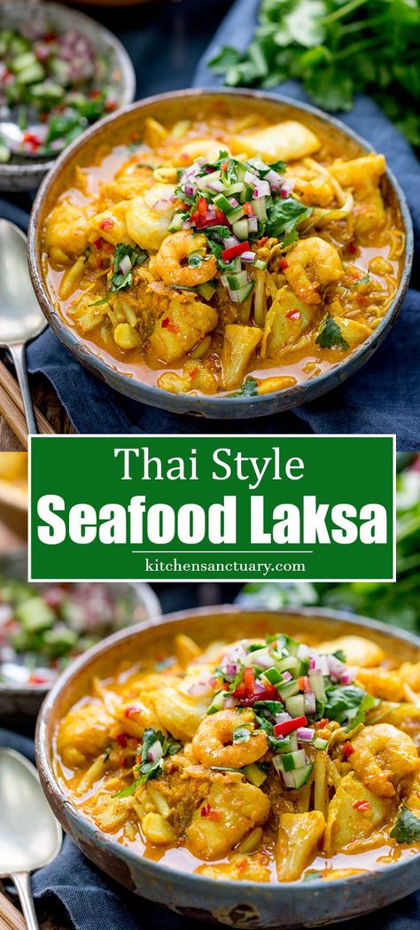 A-30 minute Thai Style Laksa curry noodle soup with fish and prawns. Using homemade Laksa paste. A deliciously slurpy quick dinner!! Prawn Thai Curry Laksa, Prawn And Fish Recipes, Asian Seafood Soup Recipes, Prawn Noodle Soup Recipes, Asian Seafood Soup, Laksa Soup Recipe, Laksa Curry, Prawn Laksa, Seafood Laksa