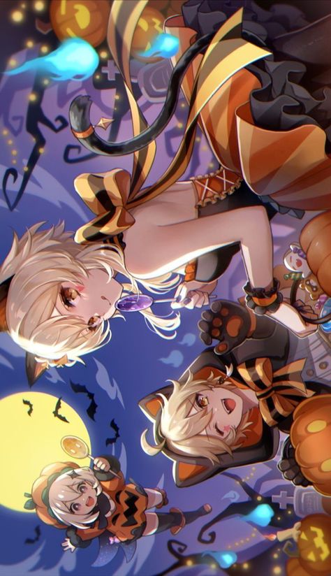 Genshin Impact Halloween Wallpaper, Paimon Aether, Genshin Impact Halloween, Aether Lumine, Genshin Wallpapers, Genshin Impact Wallpaper, Anime Boy Hair, Anime Group, Anime Halloween