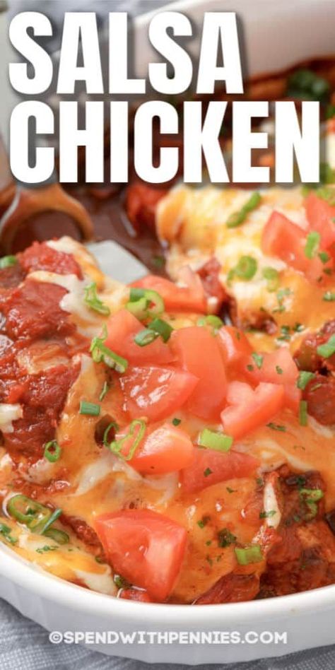 Salsa chicken is an easy weeknight meal! Top chicken with your choice of salsa: mango salsa, pineapple salsa, salsa verde, or a classic restaurant style salsa and bake until bubbly. It is an easy and flavorful dish. #spendwithpennies #salsachicken #chicken #easychickenrecipe #4ingredients #bakedsalsachicken #maindish Recipes Using Salsa, Chicken Salsa Tacos, Chicken And Salsa Recipe, Chicken With Salsa Recipe, Salsa Pineapple, Salsa Mango, Chicken Salsa, Salsa Salsa, Restaurant Style Salsa