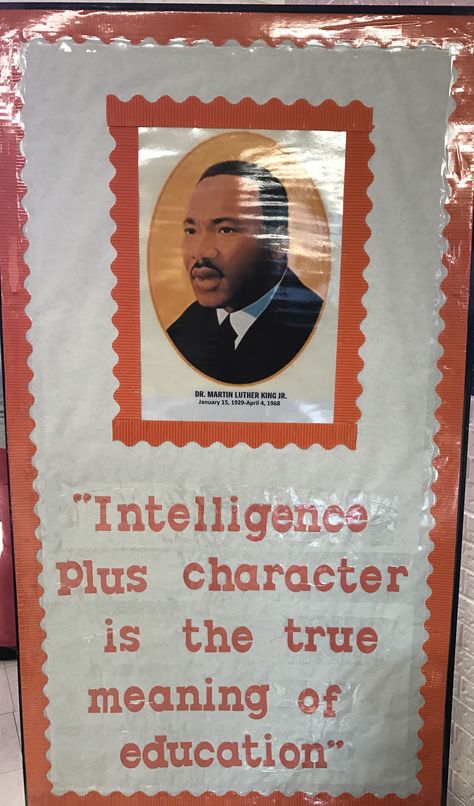 MLK Bulletin Board Ideas Martin Luther King Door Decorations, Mlk Jr Bulletin Board Ideas, Mlk Library Displays, Mlk Bulletin Board Ideas, Mlk Bulletin Board, Martin Luther King Jr Crafts, Tap Ideas, History Bulletin Boards, Leadership Ideas