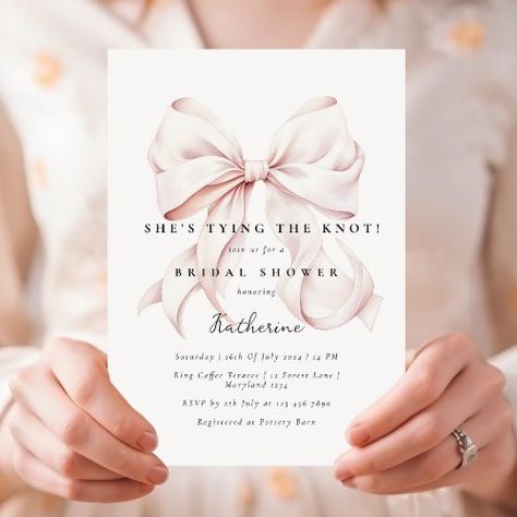 $2.7 | Pink She's Tying the Knot Bow Bridal Shower - elegant bridal shower invitation, romantic bow invitation, elegant minimal, simplistic, modern, simple bow, coquette bridal shower, bridal brunch, she's tying the knot, blush pink bow Tying The Knot Bow Bridal Shower Theme, Pink Bow Bridal Shower Theme, She’s Tying The Knot Bridal Shower Theme, She’s Tying The Knot Bridal Shower Invites, Pink Bow Baby Shower Invitation, Bow Invitation, Gala Decorations, Simple Bow, Bow Coquette