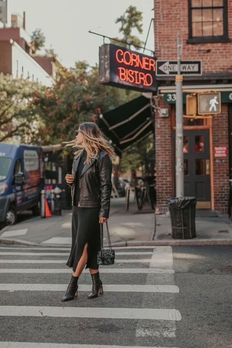 A black leather jacket is timeless, and it always add that perfect “cool factor” to any outfit. It matches with pretty much everything in your closet, from an easy pair of jeans and a t-shirt to a dress or jumpsuit. Today Charmed By Camille is sharing her favorite looks that include a leather jacket for fall and winter! Follow for more casual chic outfit ideas, elevated outfit ideas, and parisian inspired fashion. Feminine Leather Jacket Outfit, Maxi Dress And Leather Jacket Outfit, Leather Jacket Sweater Dress, Winter Rocker Style Leather Biker Jacket, Leather Jacket Dress Outfit, Leather Jacket And Dress, Floral Maxi Dress With Leather Jacket, Ways To Style A Dress, Nyc In The Fall