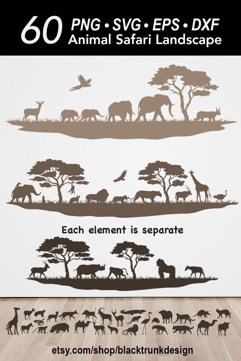 Fun African Safari silhouette bundle of 60 elements for you to build your own safari landscape. Let your creativity run wild as you create your landscape scenes. All elements are separate so you can pick what you want to include & create your own animal scene. Bundle includes: 55 animals & 5 scene landscape elements. Safari Silhouette, Create Your Own Animal, Safari Landscape, Africa Silhouette, African Safari Animals, Animals Landscape, Safari Scene, Wild Safari, Landscape Elements