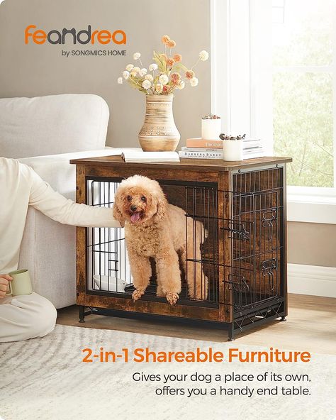 [1 Crate, 3 Uses] Offers a safe haven for your dog, serves as a side table or nightstand for you, and easily blends in with your home decor and elevates your space—this dog crate meets everyone’s need, from your dog to you and your home [Sturdy and Chew-Resistant] Made with durable particleboard and steel, this piece of dog furniture is sturdier and more chew-resistant than wooden dog crates, offering a lasting, stable, and safe retreat for your fur friend 100 Días De Clases, Dog Crate Table, Furniture Style Dog Crate, Crate End Tables, Wooden Dog Kennels, Wooden Dog Crate, Dog Kennel Furniture, Crate Table, Large Dog Crate