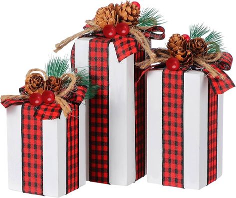 Amazon.com: 3 Pcs Christmas Table Centerpieces Christmas Table Decor Faux Present Wooden Blocks Rustic Decoration with Buffalo Plaid Bowknot for Holiday Xmas Tree Shelf Tiered Tray Decor (White) : Home & Kitchen Buffalo Plaid Christmas Centerpieces, Christmas Presents Table Centerpiece, Christmas Table Decorations Diy Centerpieces Wood Boxes, Black And Red Plaid Christmas Entry Table, Centerpieces Christmas Table, Wood Block Christmas Presents, Table Centerpieces Christmas, Centerpieces Christmas, Tree Shelf