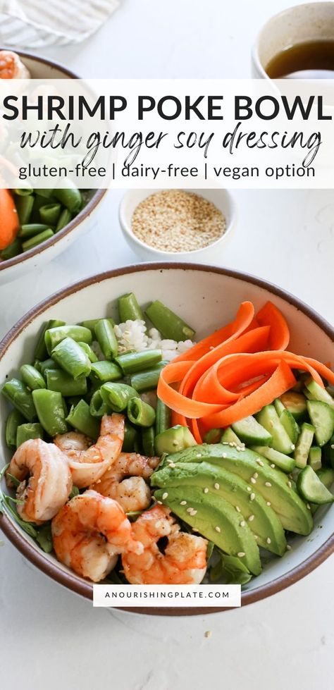 This shrimp poke bowl recipe is quick and easy to make. It's full of fresh crunchy vegetables, tenderly cooked shrimp, and a delicious ginger soy dressing. Shrimp Poke Bowl Recipe, Dairy Free Sauce Recipes, Shrimp Poke Bowl, Ginger Soy Dressing, Instant Pot Sushi Rice, Soy Ginger Dressing, Soy Dressing, Dairy Free Sauces, Crunchy Vegetables