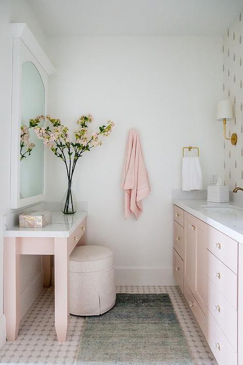 Pink Vanity, Vanity Design, Quartz Countertop, Bathroom Photos, White Quartz Countertop, Bath Girls, White Vanity, Brass Faucet, Girls Bathroom