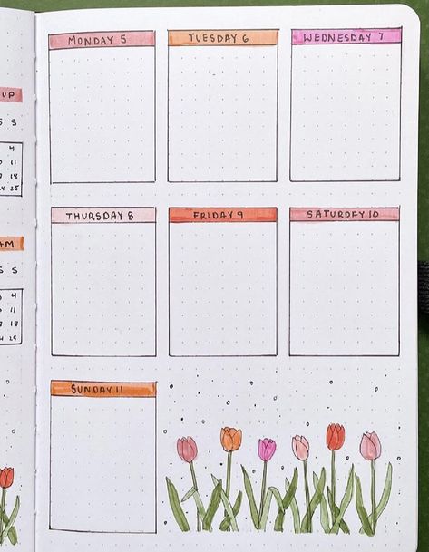 Tulip Bujo Theme, Flower Bullet Journal Theme, Spring Bullet Journal, Bullet Journal April, April Bujo, Black Planner, Journal 2025, Daily Bullet Journal, April Bullet Journal