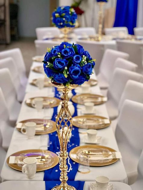 Royal Blue Gold And White Wedding Decor, Quinceanera Royal Blue Theme, Royal Blue And Gold Wedding Theme, Blue And Gold Party Decorations, Royal Blue Centerpieces, Quinceanera Blue, Royal Blue Wedding Theme, Royal Blue Quince, White Wedding Reception