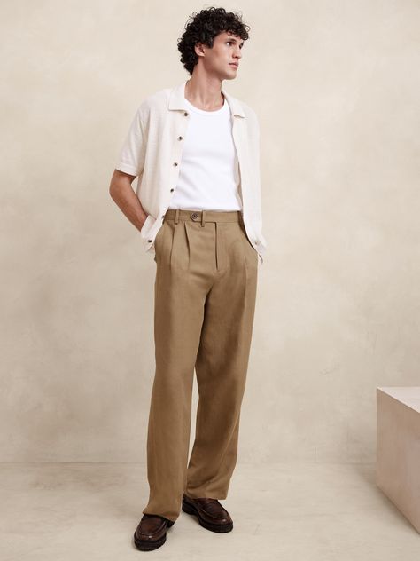 This relaxed pant is expertly cut with a wide leg and puddle hem in a beautiful linen-blend fabric we sourced from Italy, one we selected for its subtle texture and exceptional drape.  Relaxed fit: Mid rise.  Wide leg with extra length for a break at the hem Fabric from Italy's Lanificio Comatex.  Zip-fly with button closure.  Belt loops.  Front and back pockets.  Half lined (lined to the knee).  Wide-leg fit: Mid rise.  Tailored for the at-ease fit of traditional trousers, but with the extra wi Trousers Outfit Men, Mens Linen Outfits, Finance Accounting, Mens Linen Pants, Pants Outfit Men, Cottagecore Outfits, Linen Blend Pants, Mens Outfit Inspiration, Mens Linen