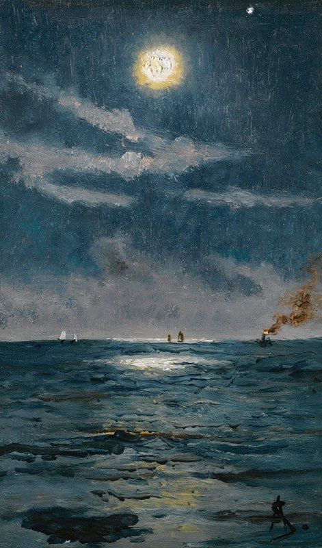 Victorian era marine oil painting of a calm blue sea and moonlight People and a steamship in the scene Alfred Stevens, Water Art, Don Juan, Night Painting, Good Mood, The Ocean, Lighthouse, The Sea, Paintings