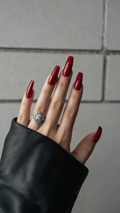 Red Nail Ideas, Almond Nails Red, Long Almond Nails, Dark Designs, Acrylic Ideas, Red Polish, Sparkly Ring, Red Fall, Red Nail Designs