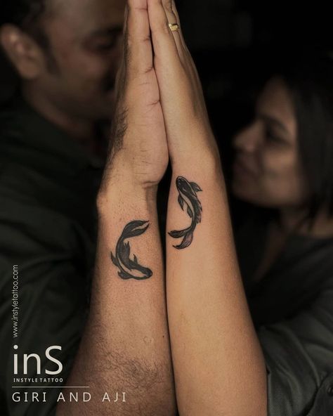 Hidden Couple Tattoos, Matching Couple Tattoos Koi Fish, Men’s Matching Tattoos, Matching Nature Tattoos Couples, Couples Flower Tattoo, Promise Tattoo Couple, Koi Couple Tattoo, Matching Koi Fish Tattoo Couple, Hawaiian Couple Tattoos