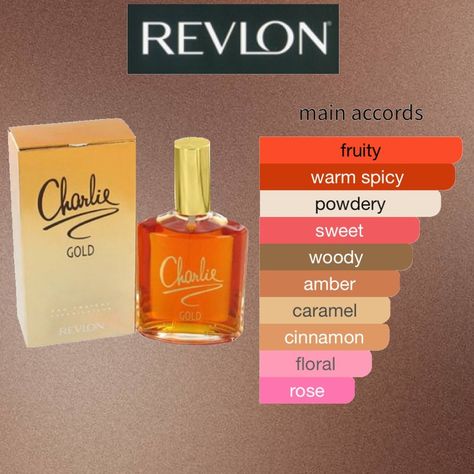 Charlie Gold by Revlon. Similar to Kashaya by Kenzo and Trésor by Lancôme *:･ﾟ✧*:･ﾟ #chocolate #revlon #revlonperfumes #perfume #perfumes #perfumelovers Charlie Perfume, Gold Perfume, Perfume Notes, Perfume Scents, Revlon, Scents, Caramel, Fragrance, Floral