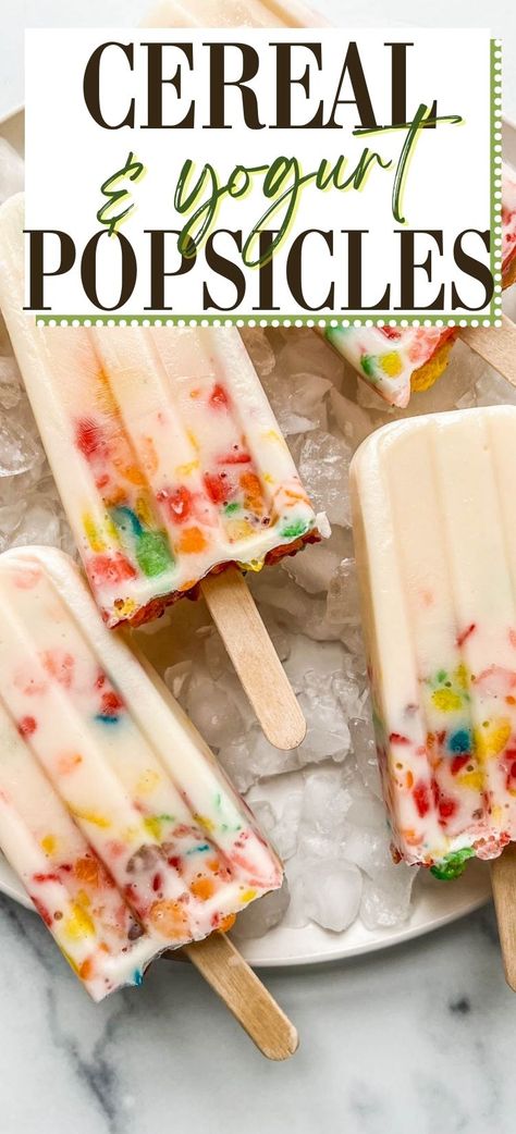 These delicious breakfast cereal popsicles are a great frozen treat! They’re a fun and sweet way to enjoy fruity cereal and yogurt in popsicle form. Breakfast Popsicles Kids, Frozen Fruit Ideas, Cereal Popsicles, Yogurt Popsicle Recipes, Breakfast Popsicles, Frozen Yogurt Popsicles, Frozen Fruit Bars, Kids Yogurt, Dream Bakery